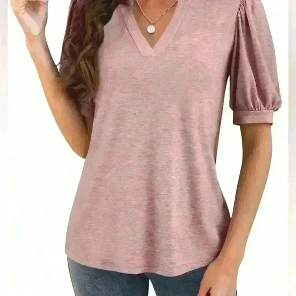 Tops - Women's T-Shirt V-Neck Casual Puff Short Sleeve Dressy Top Elegant Blouse